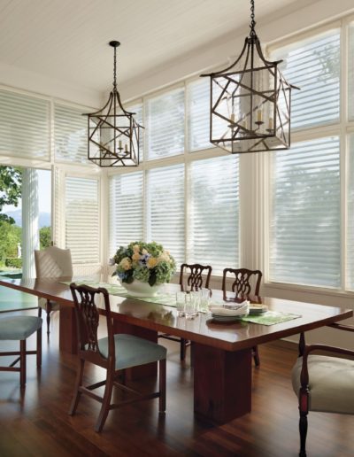 Modern dining room with light diffusing sheers and shadings